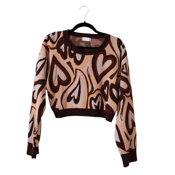 NWOT Altar'd State Beige Brown Retro Hearts Cropped Sweater Large - Picture 1 of 6